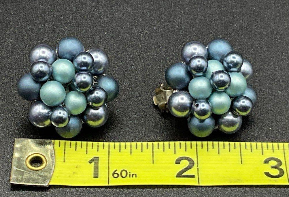 1950s–1960s Japan Blue Faux Pearl Cluster Clip-On Earrings, Silver-Tone, Stamped JAPAN, 1 Inch