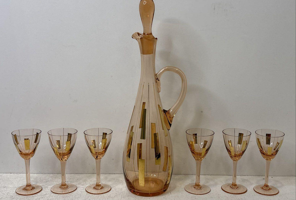 Rose-gold glass handled decanter and six cordial glasses with geometric gold-tone rectangles, view 7