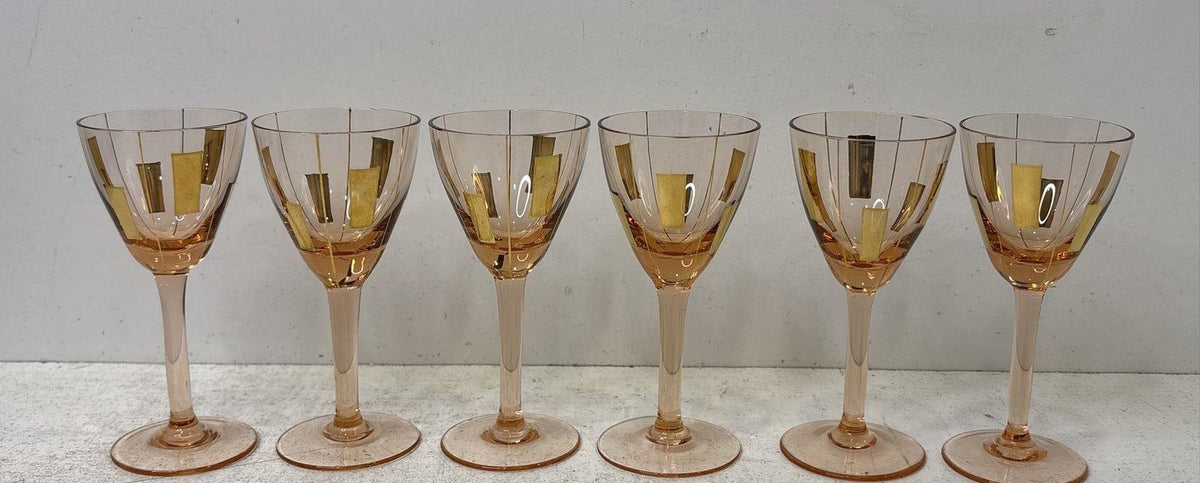 Rose-gold glass handled decanter and six cordial glasses with geometric gold-tone rectangles, view 8