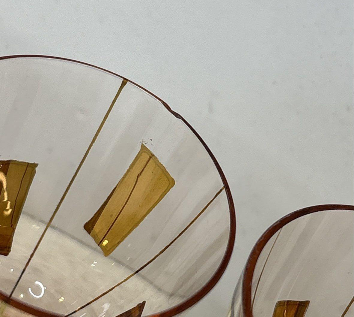 Rose-gold glass handled decanter and six cordial glasses with geometric gold-tone rectangles, view 9