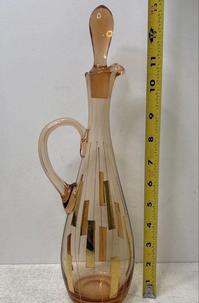 Rose-gold glass handled decanter and six cordial glasses with geometric gold-tone rectangles, view 11