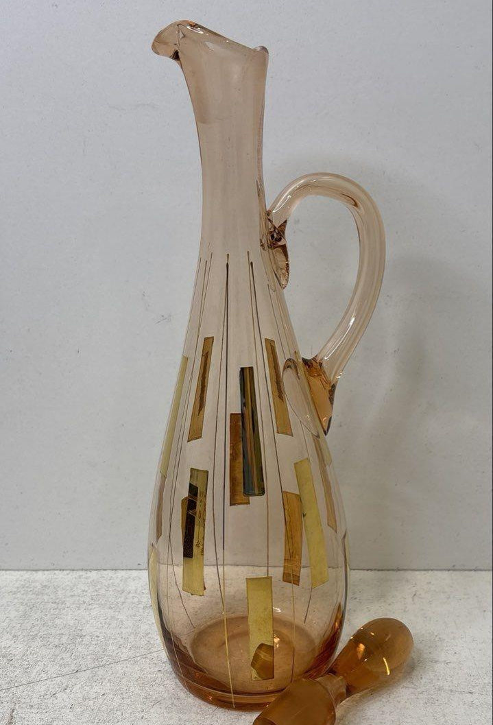 Rose-gold glass handled decanter and six cordial glasses with geometric gold-tone rectangles, view 12