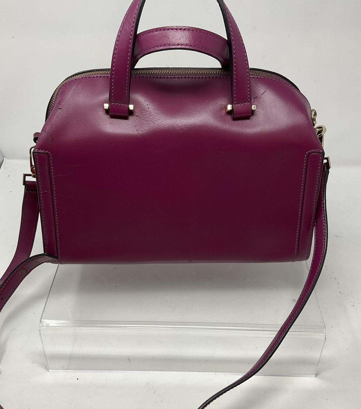 Kate Spade New York magenta leather structured satchel with gold-tone hardware and front plaque, view 4