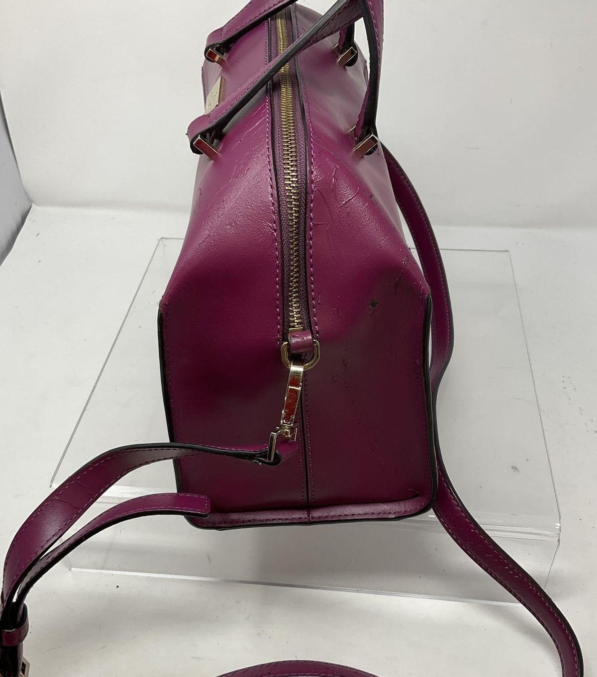 Kate Spade New York magenta leather structured satchel with gold-tone hardware and front plaque, view 5