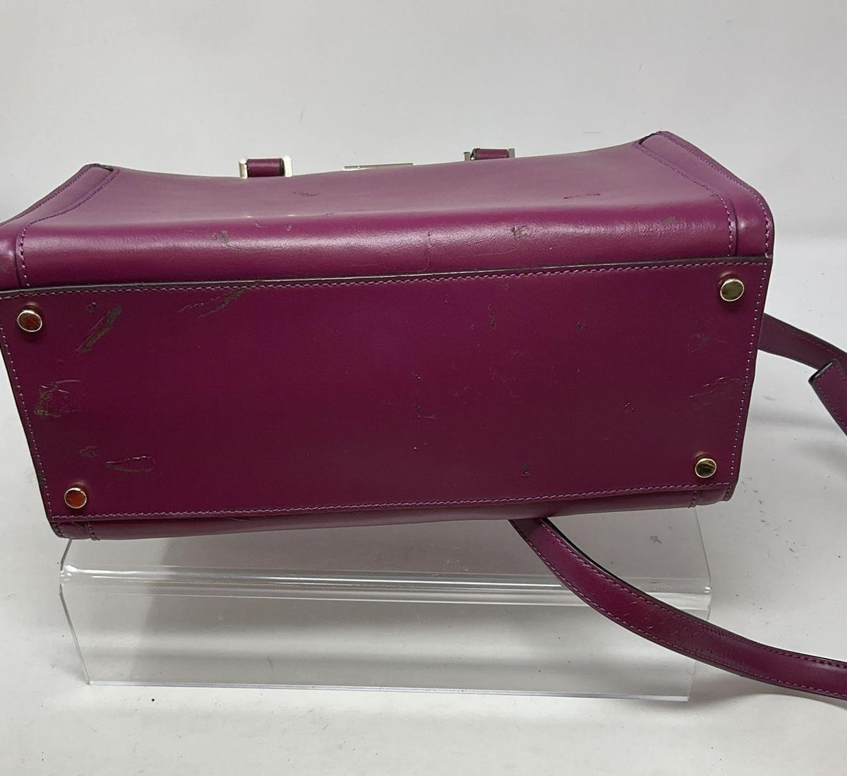 Kate Spade New York magenta leather structured satchel with gold-tone hardware and front plaque, view 6