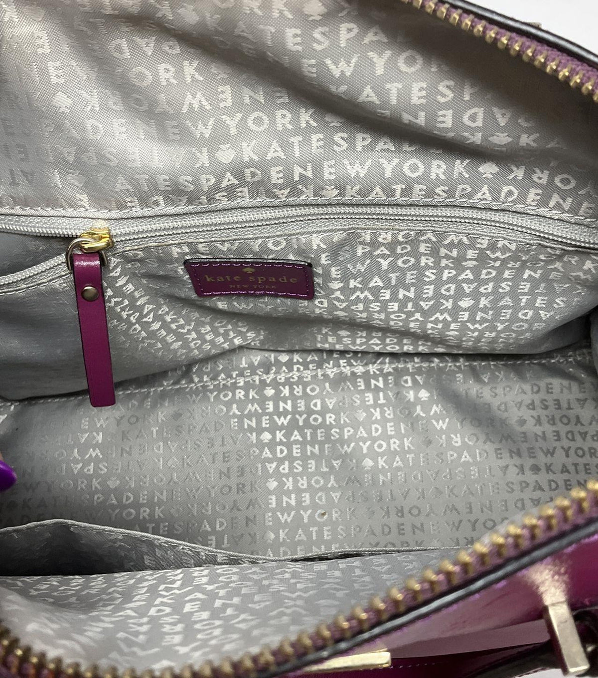 Kate Spade New York magenta leather structured satchel with gold-tone hardware and front plaque, view 7