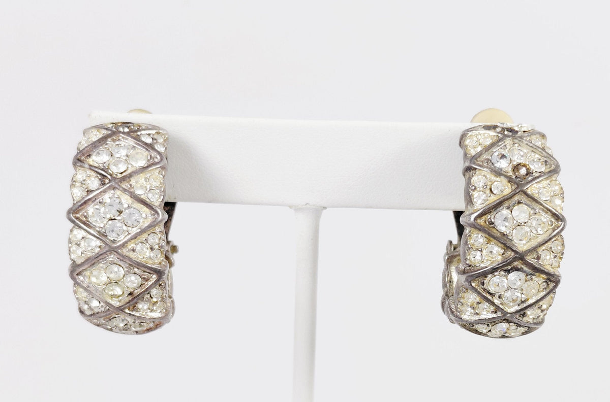 Silver-tone J-hoop clip earrings with raised lattice pattern pavé-set with clear crystals, view 2