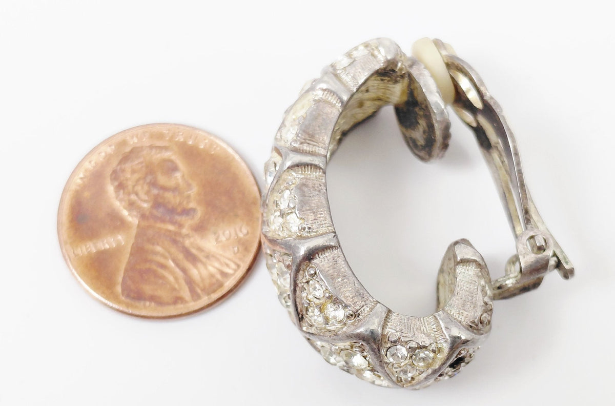 Silver-tone J-hoop clip earrings with raised lattice pattern pavé-set with clear crystals, view 4