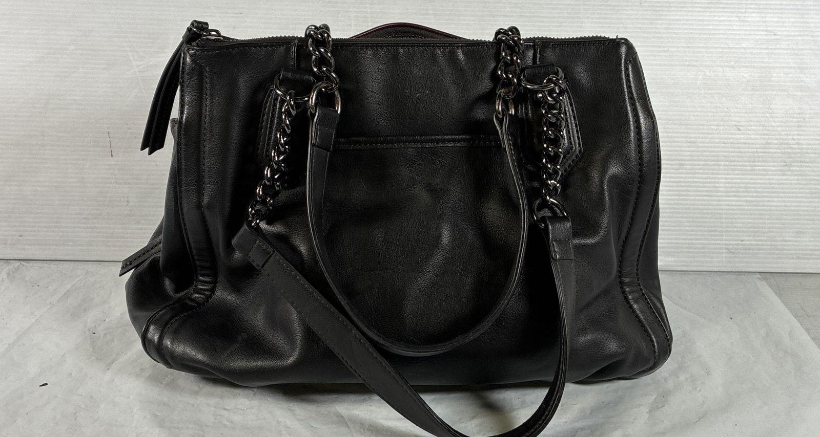 Simply Vera Vera Wang Black Burgundy Leather Inner Zipped Pockets Tote Bag