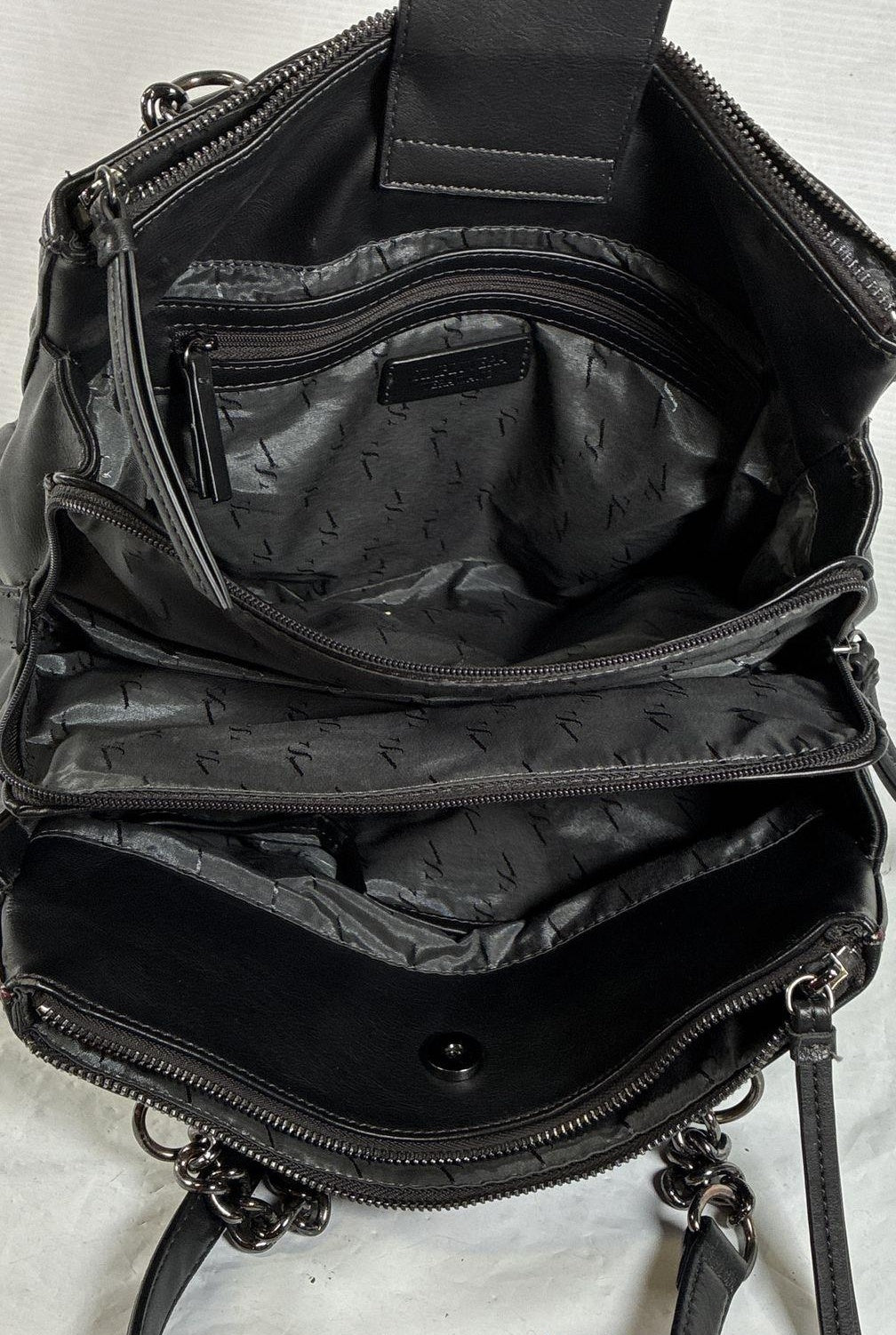 Simply Vera Vera Wang Black Burgundy Leather Inner Zipped Pockets Tote Bag