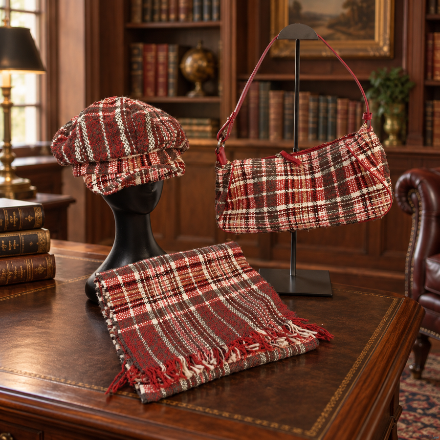 Prague Red Plaid Cap Shoulder Bag and Scarf Set