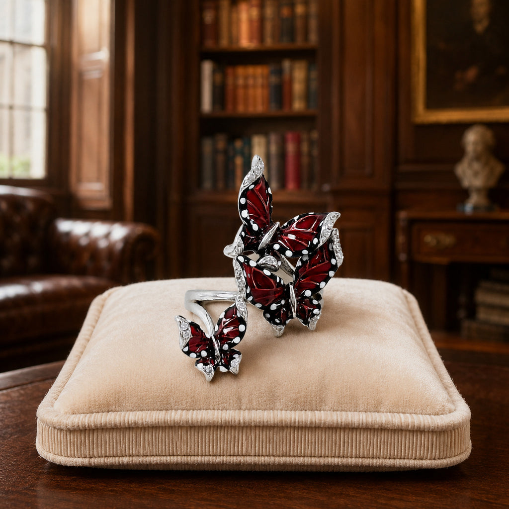 925 Silver Enamel Crystal Butterfly Statement Ring 6.5