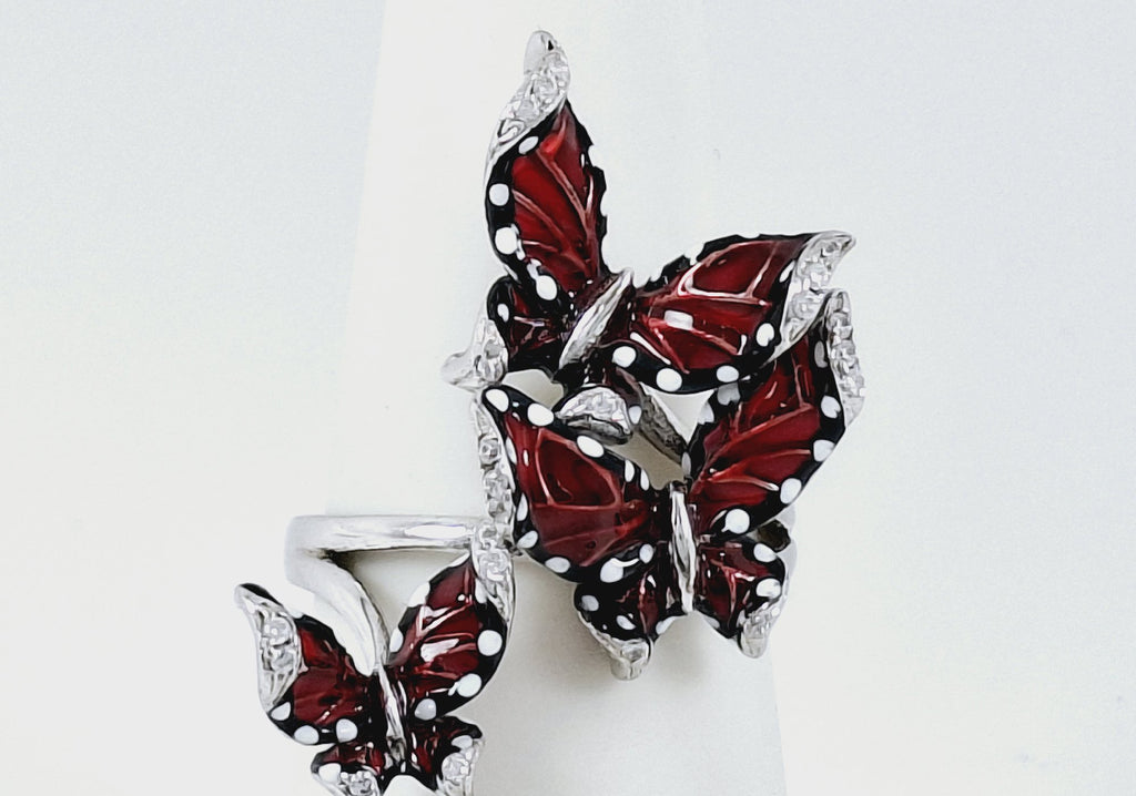 925 Silver Enamel Crystal Butterfly Statement Ring 6.5