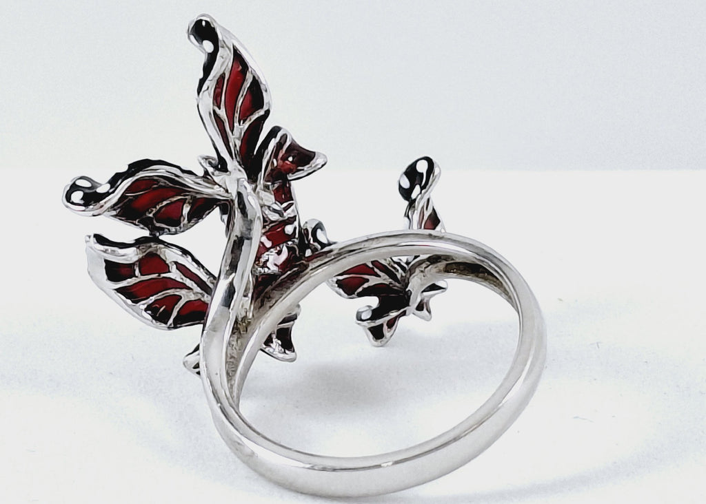 925 Silver Enamel Crystal Butterfly Statement Ring 6.5