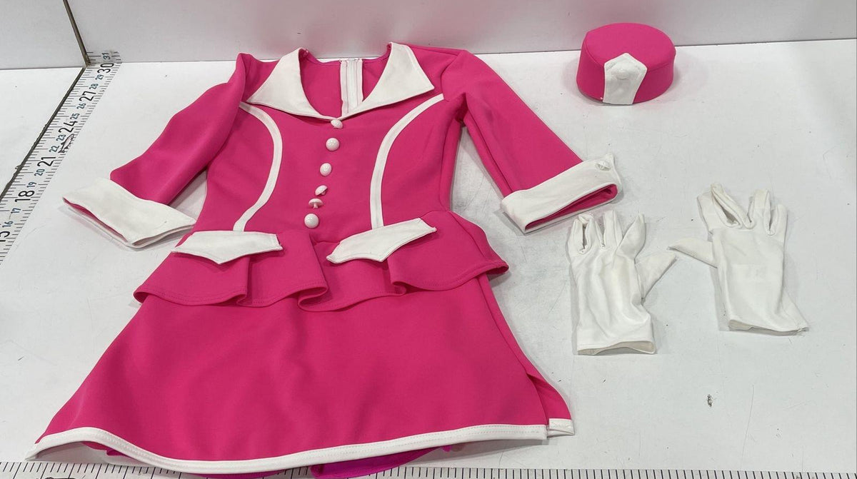 Weissman pink and white peplum costume dress with matching pillbox hat and white gloves, view 2
