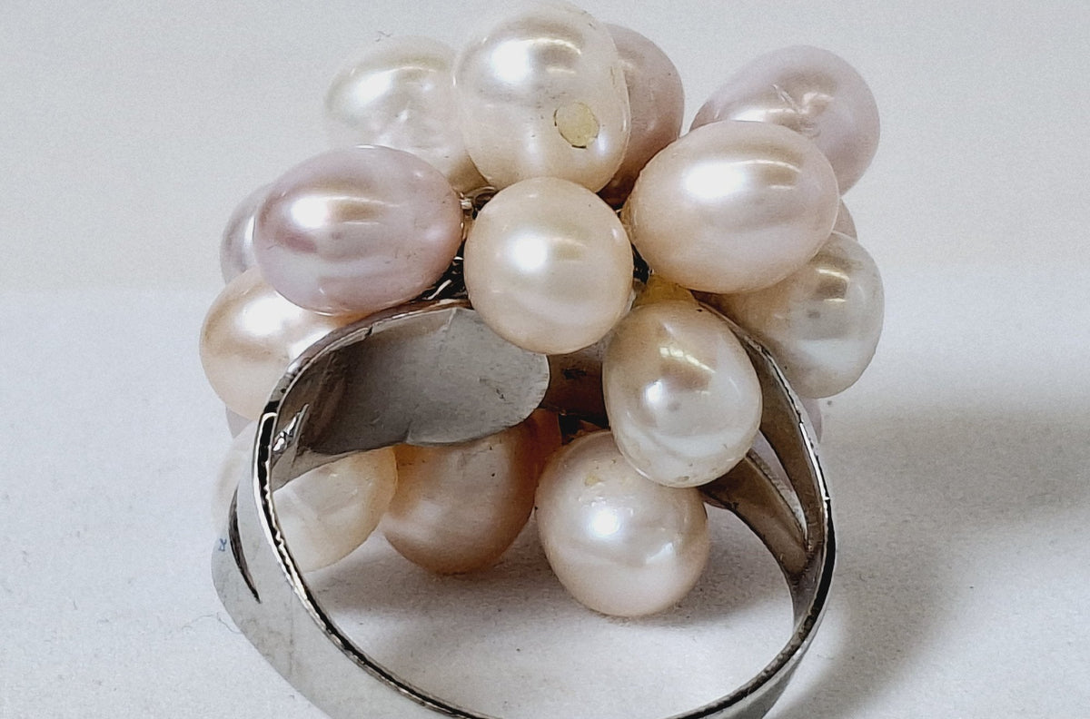 Silver-Tone Pink and White Pearl Cluster Statement Ring