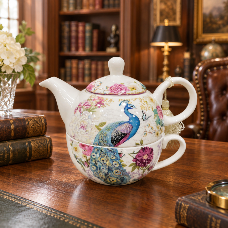 Summer River Peacock Floral Porcelain Tea-for-One Set