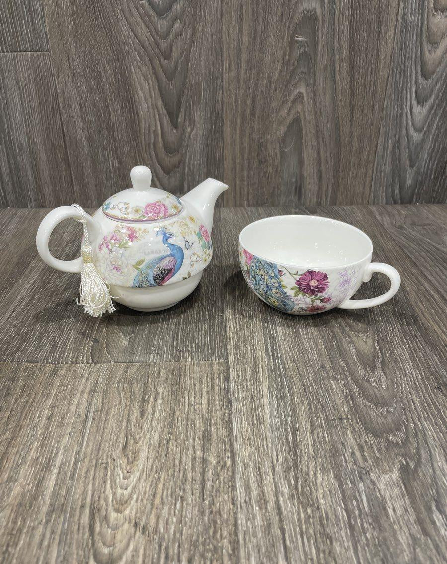 Summer River Peacock Floral Porcelain Tea-for-One Set