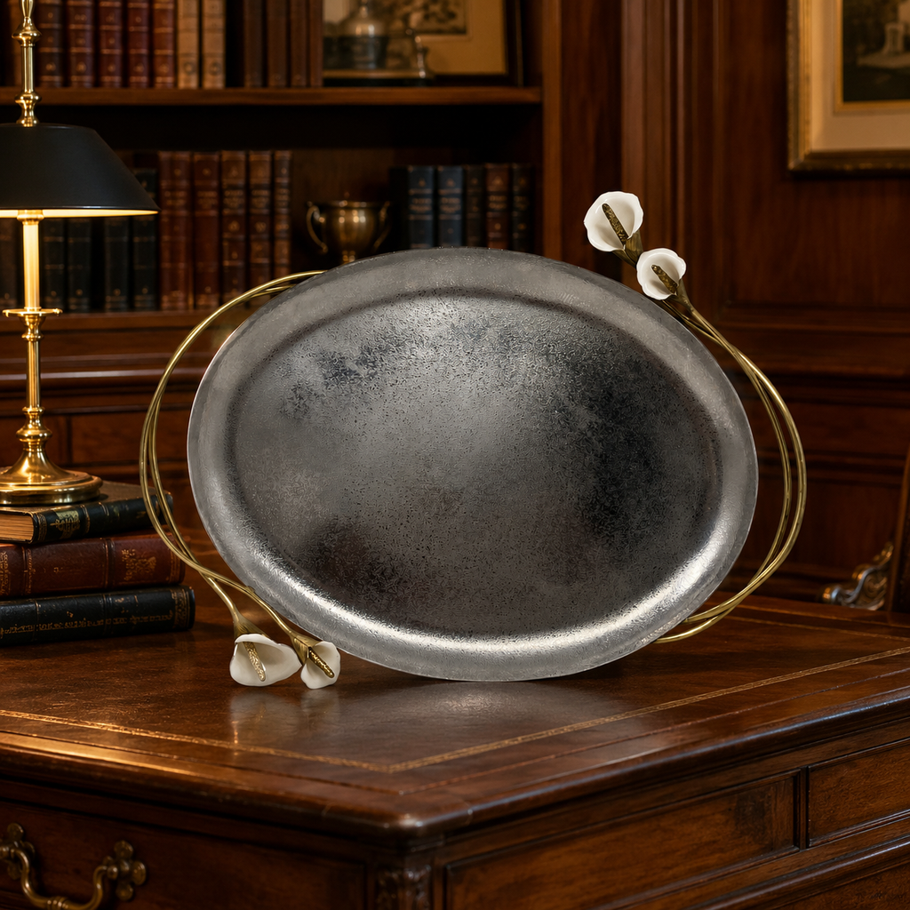 Michael Aram Calla Lily Silver-Tone Engraved Tableware Oval Shaped Serving Tray