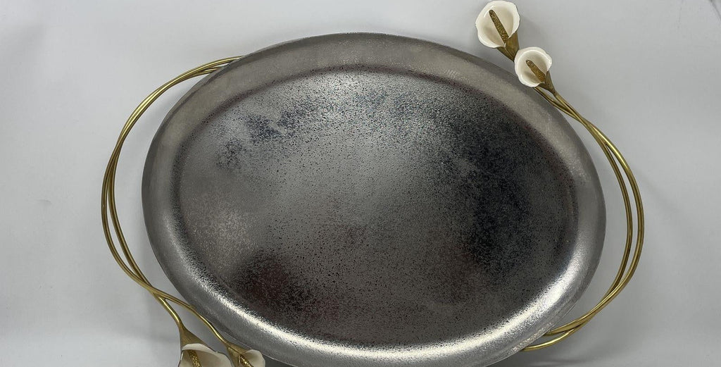 Michael Aram Calla Lily Silver-Tone Engraved Tableware Oval Shaped Serving Tray