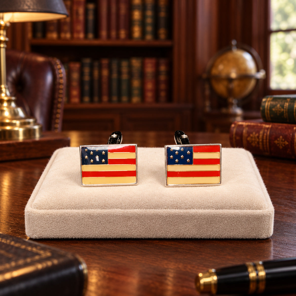 AGE REVIEW Silver-Tone American Flag Cufflinks with Red, White and Blue Enamel-Style Resin Faces, Bullet Backs