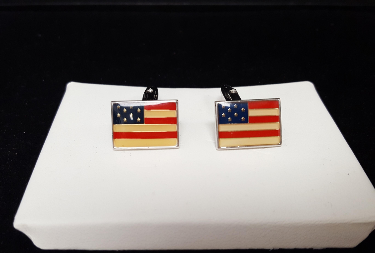 AGE REVIEW Silver-Tone American Flag Cufflinks with Red, White and Blue Enamel-Style Resin Faces, Bullet Backs