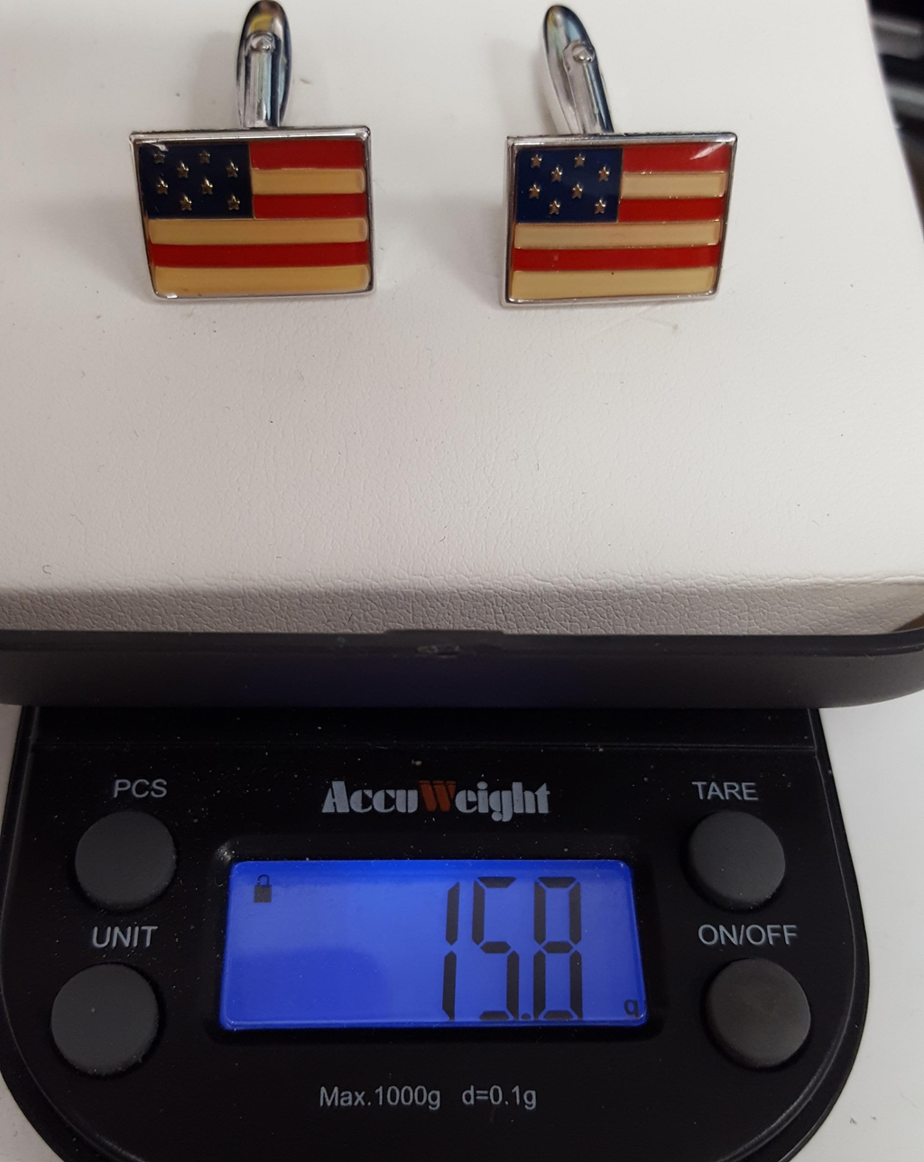 AGE REVIEW Silver-Tone American Flag Cufflinks with Red, White and Blue Enamel-Style Resin Faces, Bullet Backs