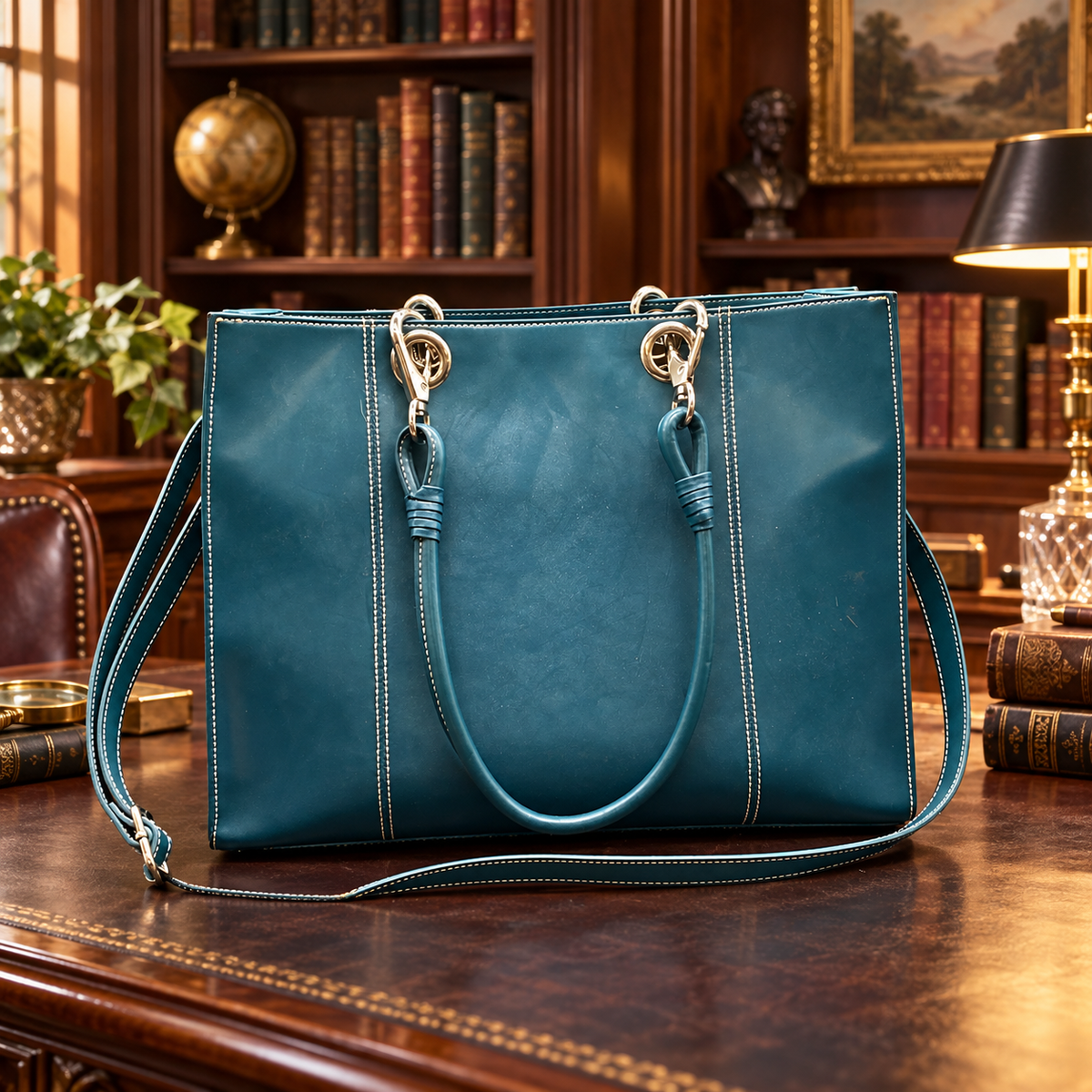 Teal leather tote with white contrast stitching, silver-tone hardware and leopard print lining