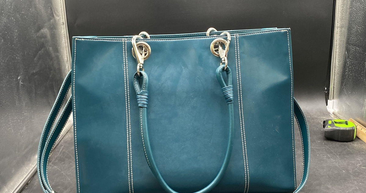 Teal leather tote with white contrast stitching, silver-tone hardware and leopard print lining, view 2