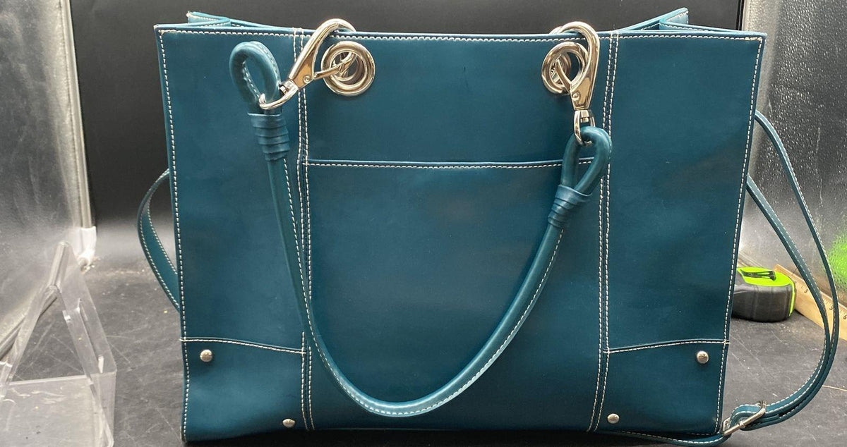 Teal leather tote with white contrast stitching, silver-tone hardware and leopard print lining, view 3
