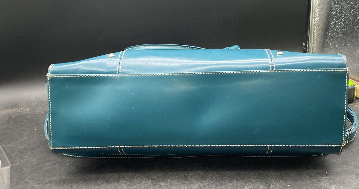 Teal leather tote with white contrast stitching, silver-tone hardware and leopard print lining, view 4