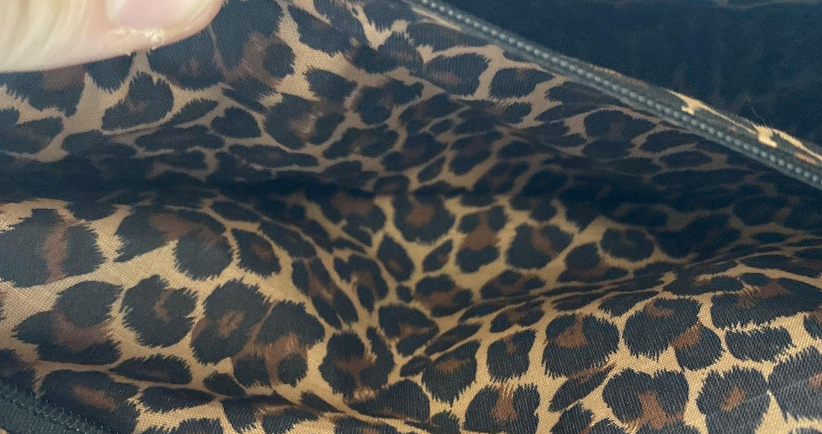 Teal leather tote with white contrast stitching, silver-tone hardware and leopard print lining, view 7