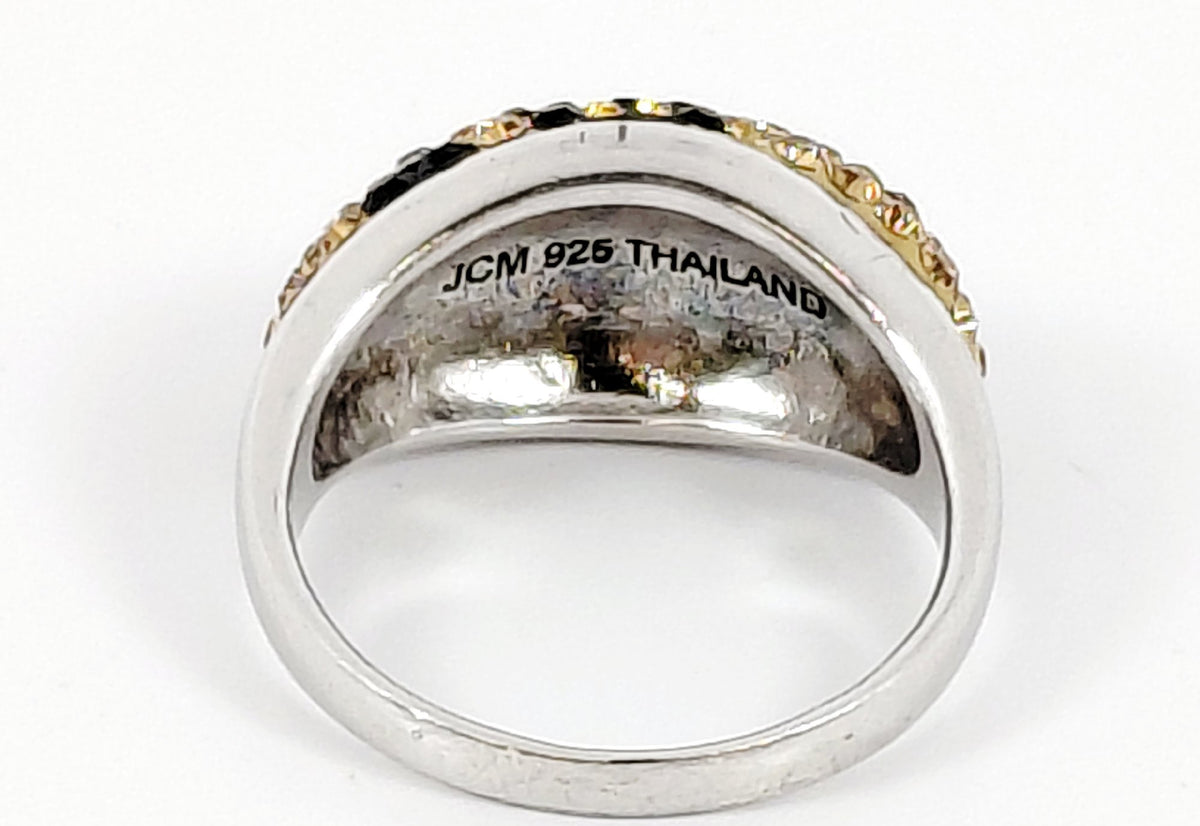 JCM silver cocktail ring with leopard pattern of black and champagne crystals, view 3