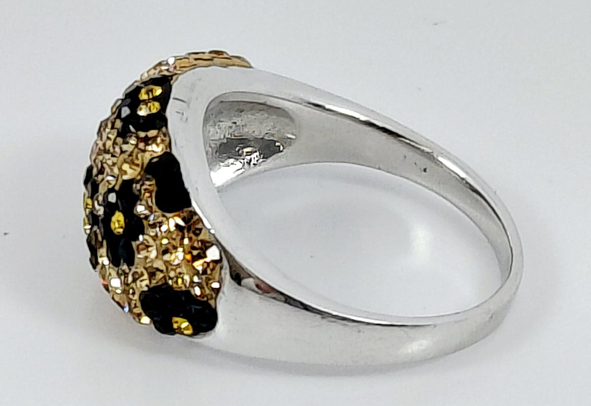 JCM silver cocktail ring with leopard pattern of black and champagne crystals, view 5