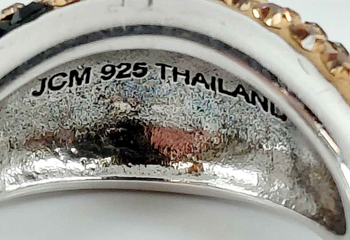 JCM silver cocktail ring with leopard pattern of black and champagne crystals, view 7