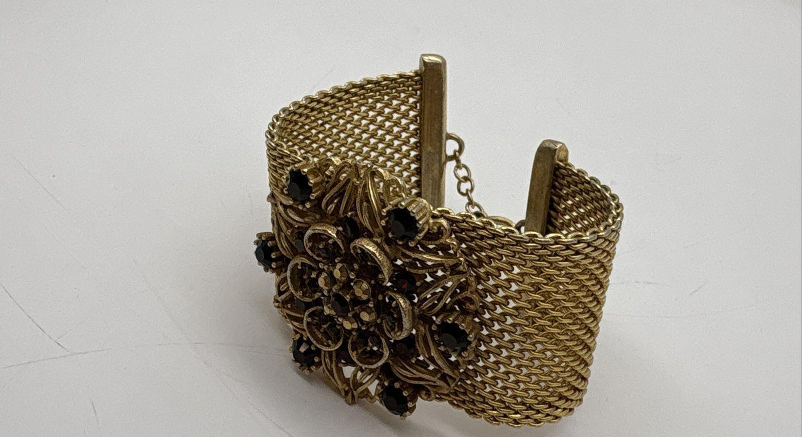 Vintage Gold-Tone Rhinestone Mesh Toggle Bracelet