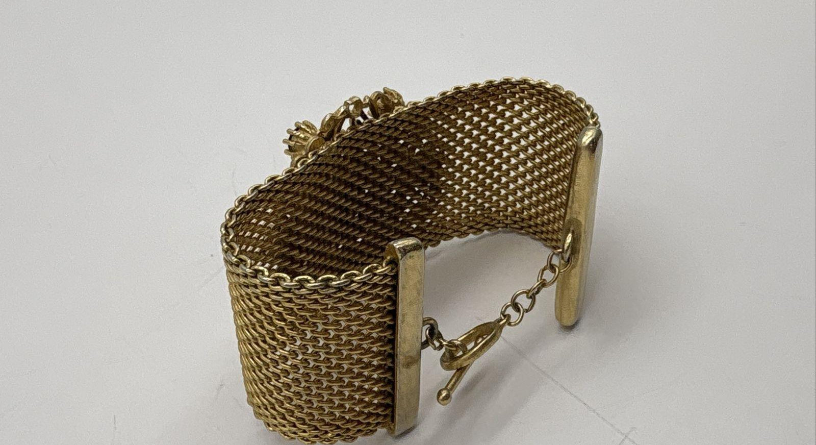 Vintage Gold-Tone Rhinestone Mesh Toggle Bracelet
