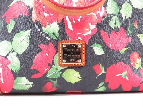 Black floral print satchel with bright garden roses, leather trim and top handles, view 4
