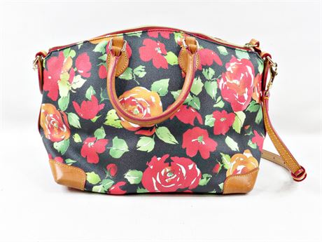 Black floral print satchel with bright garden roses, leather trim and top handles, view 10