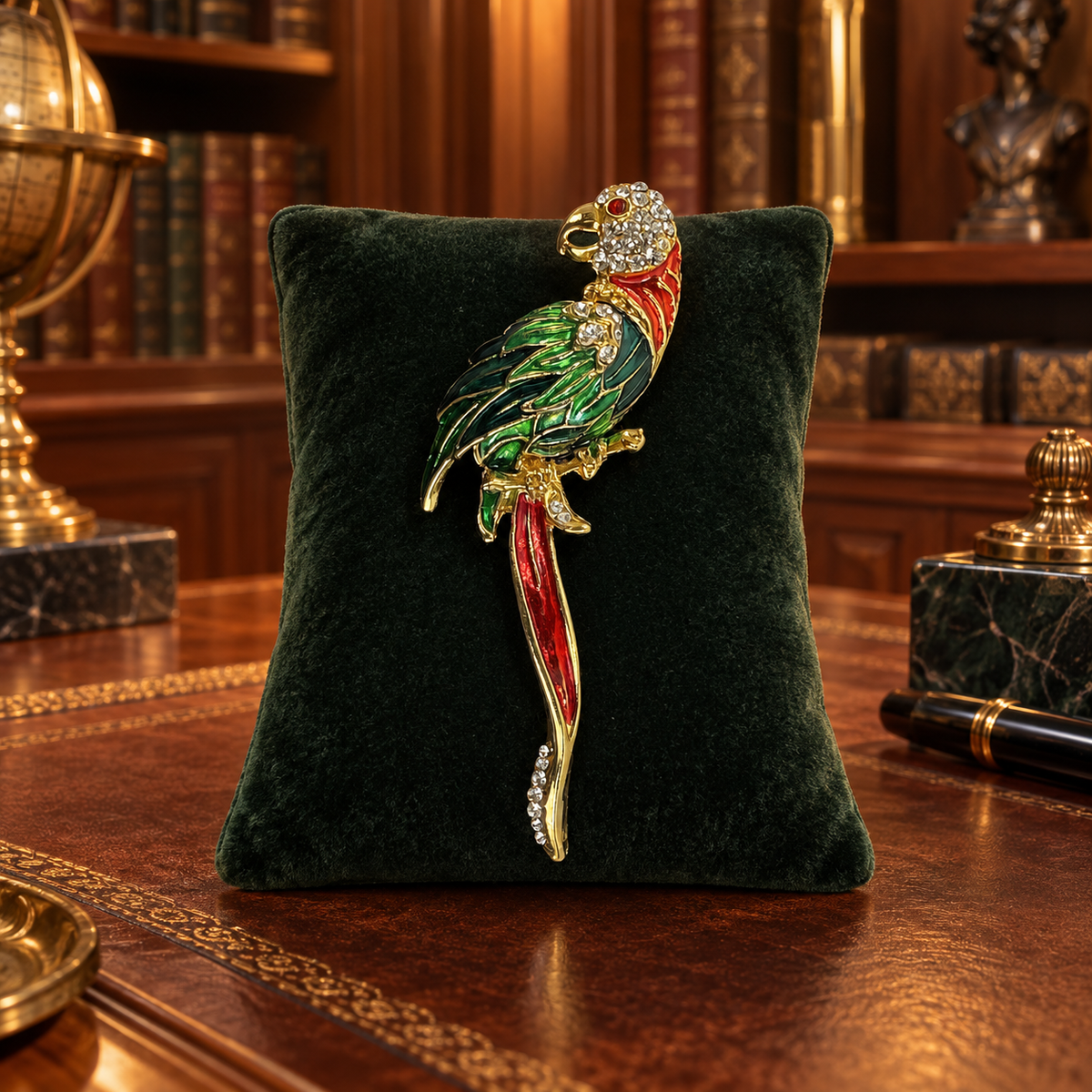 Large gold-tone parrot brooch with rhinestone head, green enamel wings and red tail