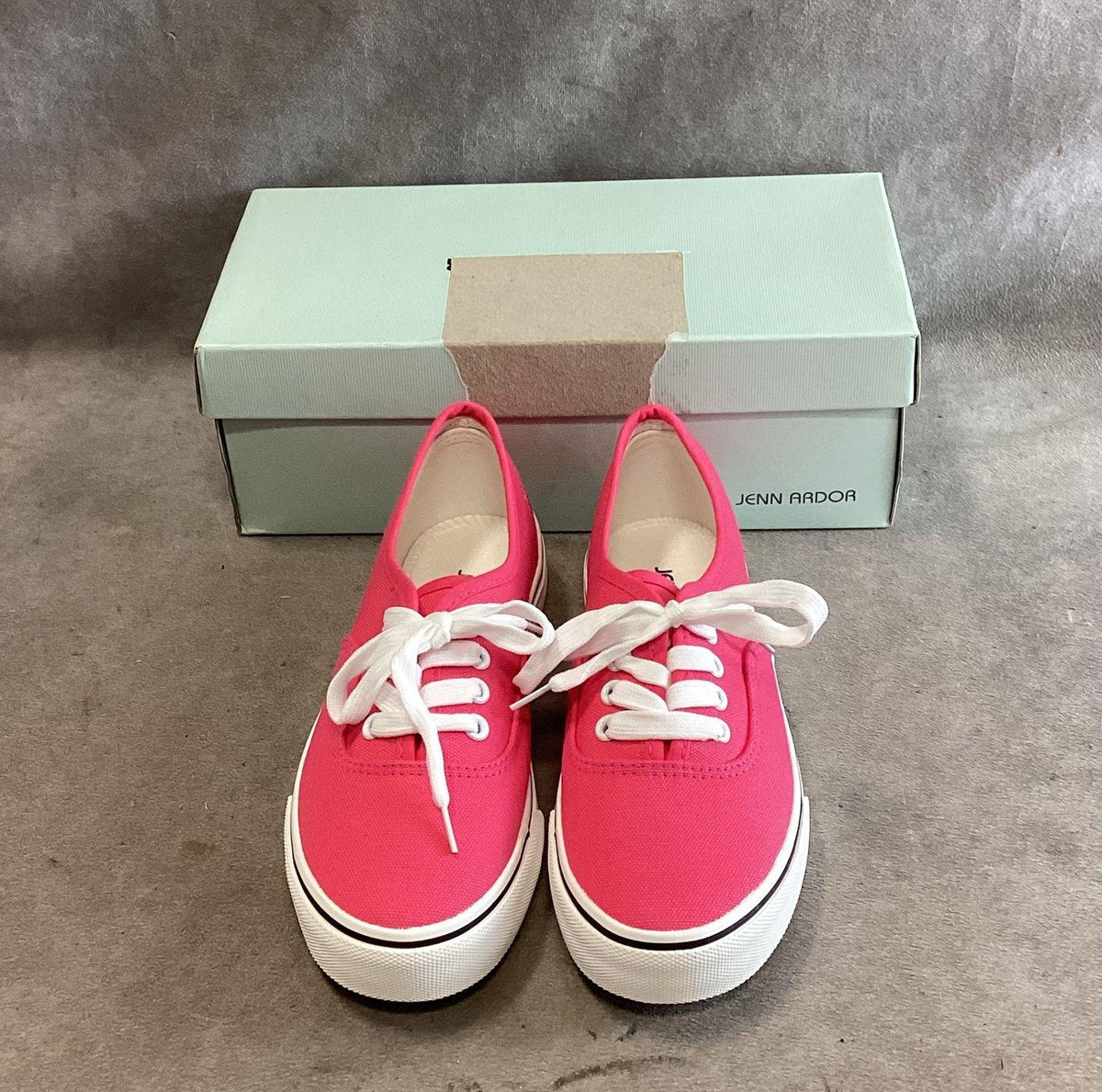 Jen Ardor raspberry pink canvas low-top sneakers with white laces and box, view 2