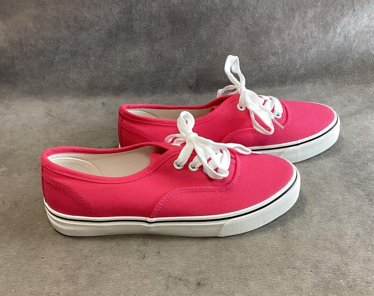 Jen Ardor raspberry pink canvas low-top sneakers with white laces and box, view 5