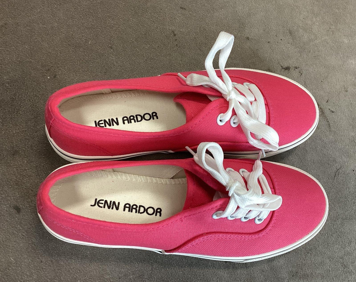 Jen Ardor raspberry pink canvas low-top sneakers with white laces and box, view 8