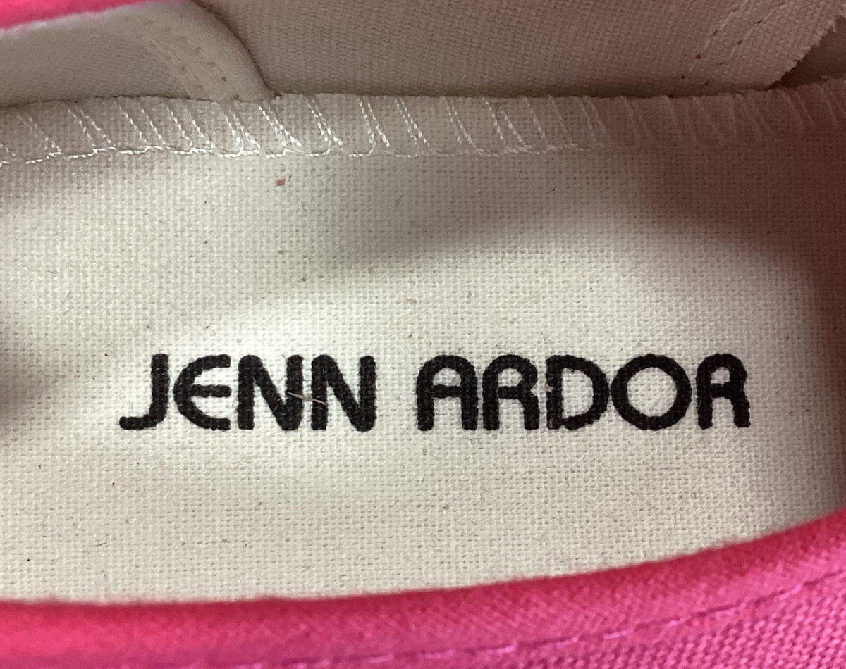 Jen Ardor raspberry pink canvas low-top sneakers with white laces and box, view 10