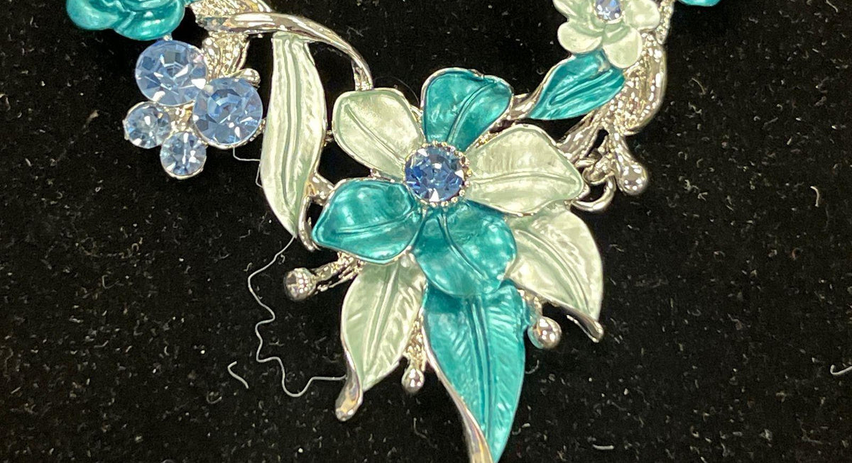 Silver-tone necklace and clip-on earrings with teal, aqua and pale green enamel flowers, view 3