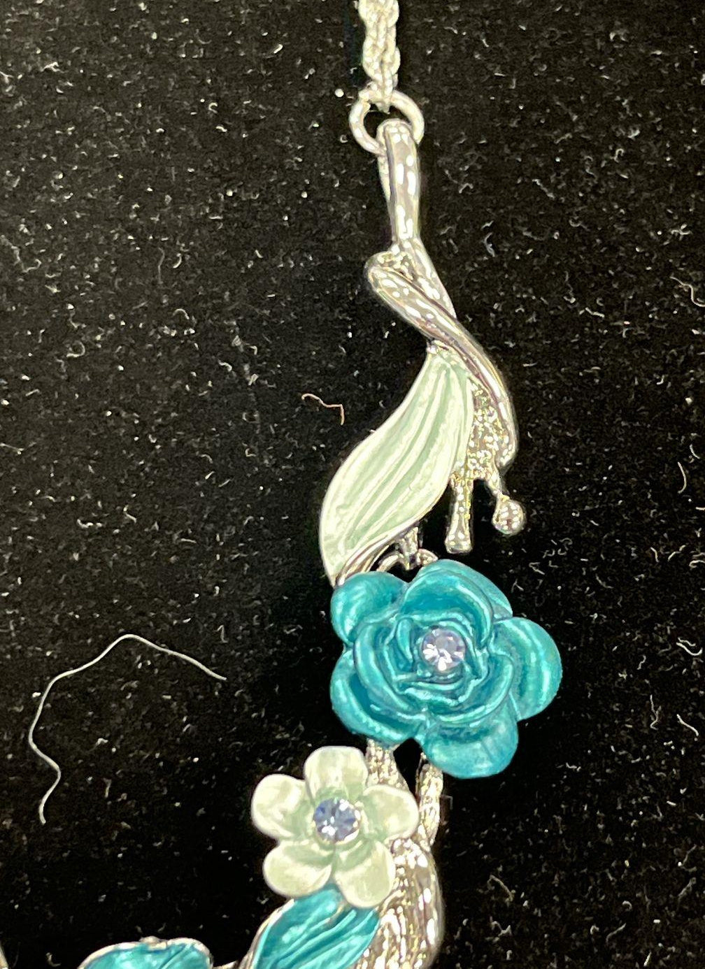 Silver-tone necklace and clip-on earrings with teal, aqua and pale green enamel flowers, view 5