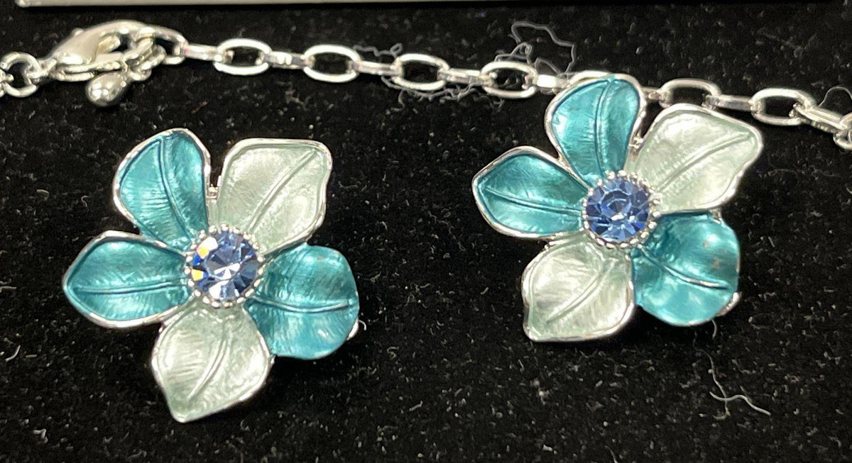 Silver-tone necklace and clip-on earrings with teal, aqua and pale green enamel flowers, view 6