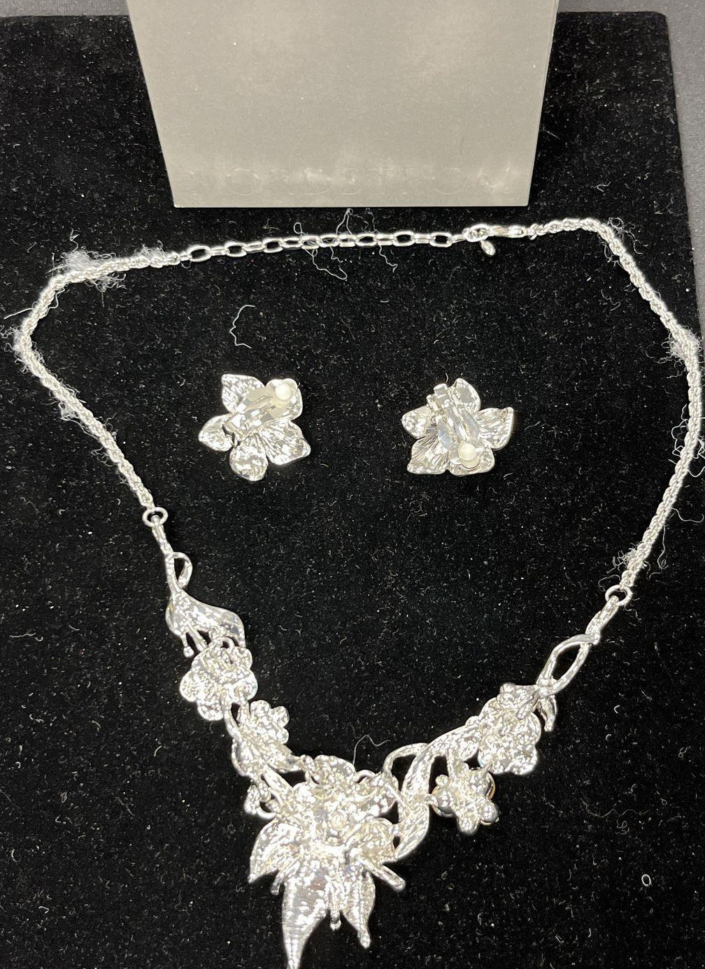 Blue Teal Enamel Floral Necklace & Clip-On Earrings Set