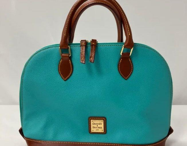 Dooney & Bourke turquoise pebbled leather zip zip dome satchel with cognac leather trim, view 2