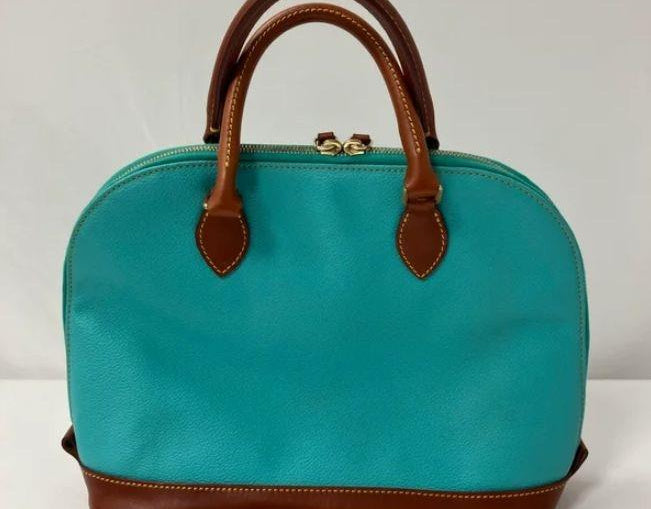 Dooney & Bourke turquoise pebbled leather zip zip dome satchel with cognac leather trim, view 3